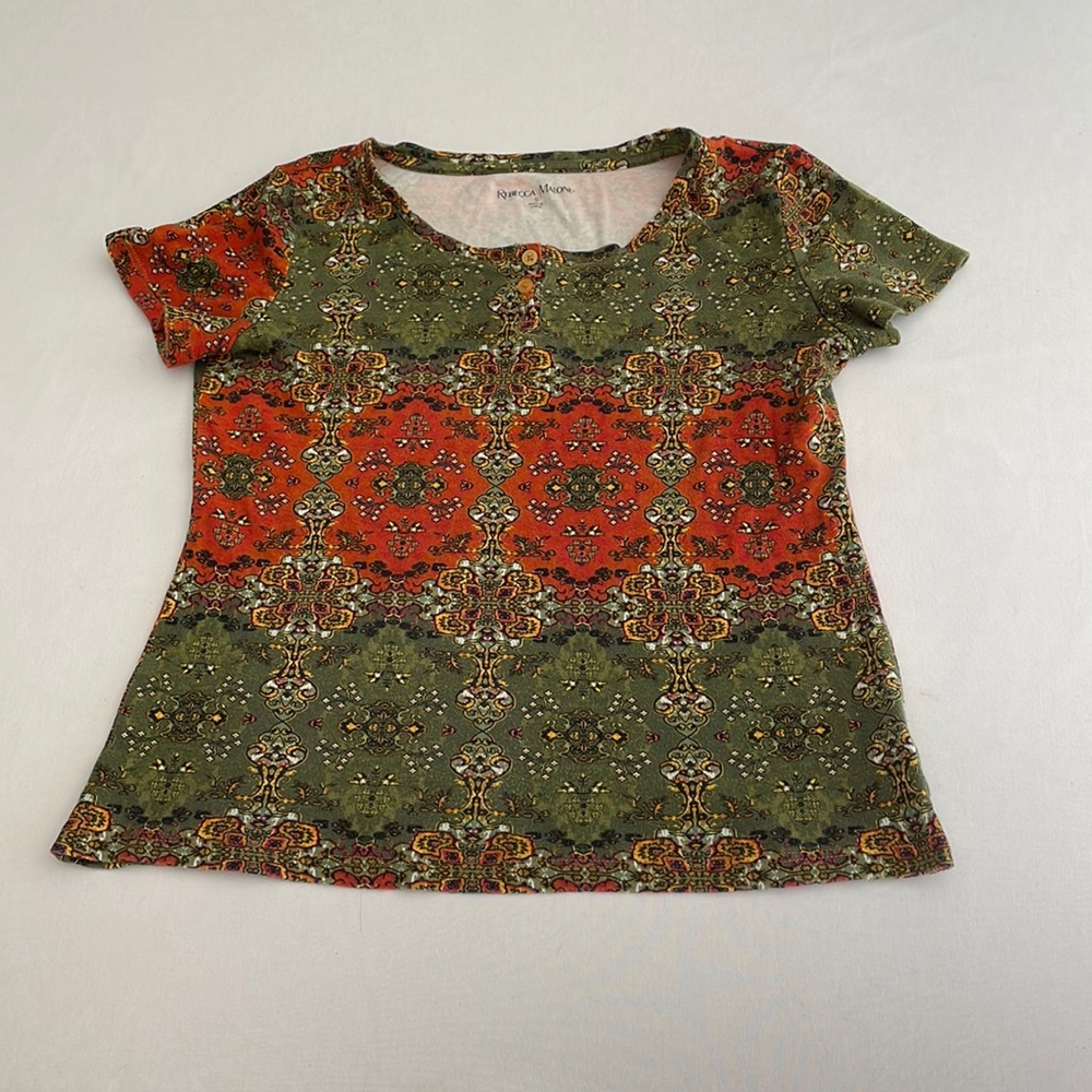 Rebecca Malone Green and Orange Flower Fantasy Short Sleeve Shirt with 2 Buttons